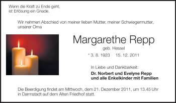 Traueranzeige von Margarethe Repp von Darmstädter Echo, Odenwälder Echo, Rüsselsheimer Echo, Groß-Gerauer-Echo, Ried Echo