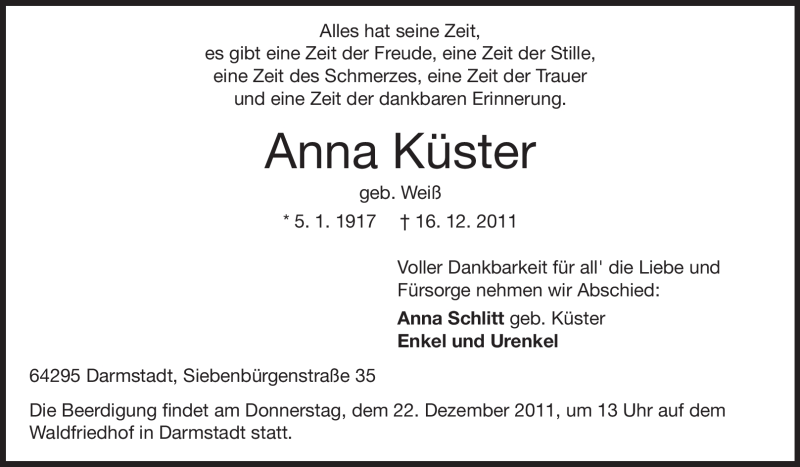  Traueranzeige für Anna Küster vom 19.12.2011 aus Echo-Zeitungen (Gesamtausgabe)