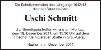 Traueranzeige von Uschi Schmitt von Rüsselsheimer Echo, Groß-Gerauer-Echo, Ried Echo