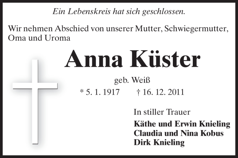  Traueranzeige für Anna Küster vom 19.12.2011 aus Darmstädter Echo, Odenwälder Echo, Rüsselsheimer Echo, Groß-Gerauer-Echo, Ried Echo