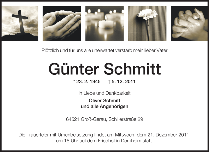  Traueranzeige für Günter Schmitt vom 19.12.2011 aus Rüsselsheimer Echo, Groß-Gerauer-Echo, Ried Echo
