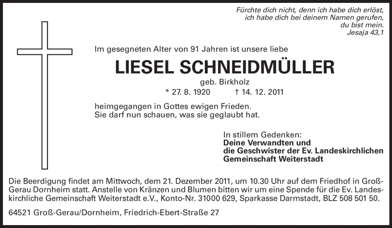  Traueranzeige für Liesel Schneidmüller  vom 19.12.2011 aus Rüsselsheimer Echo, Groß-Gerauer-Echo, Ried Echo