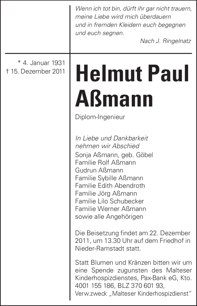 Traueranzeige für Helmut Paul Aßmann vom 19.12.2011 aus Echo-Zeitungen (Gesamtausgabe)