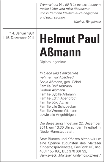 Traueranzeige von Helmut Paul Aßmann von Echo-Zeitungen (Gesamtausgabe)