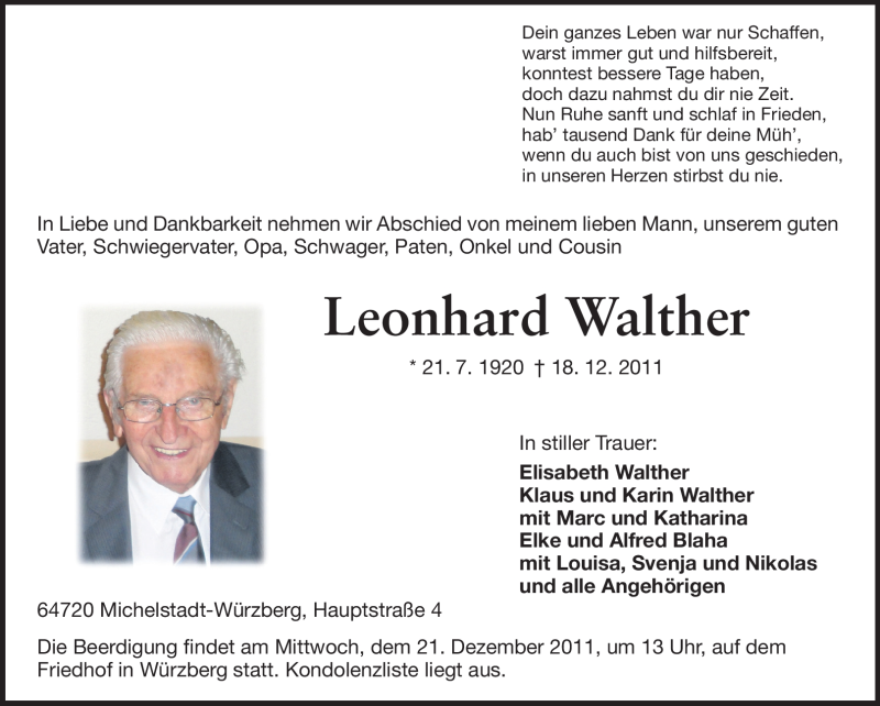  Traueranzeige für Leonhard Walther vom 20.12.2011 aus Odenwälder Echo