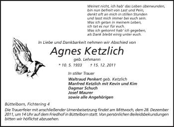 Traueranzeige von Agnes Ketzlich von Rüsselsheimer Echo, Groß-Gerauer-Echo, Ried Echo