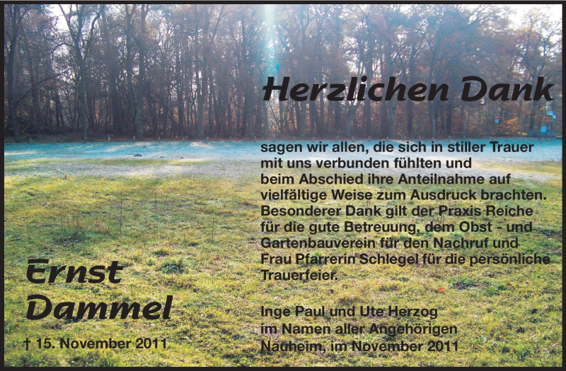  Traueranzeige für Ernst Dammel vom 24.12.2011 aus Rüsselsheimer Echo, Groß-Gerauer-Echo, Ried Echo
