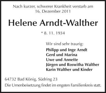 Traueranzeige von Helene Arndt-Walther von Odenwälder Echo