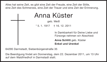 Traueranzeige von Anna Küster von Echo-Zeitungen (Gesamtausgabe)