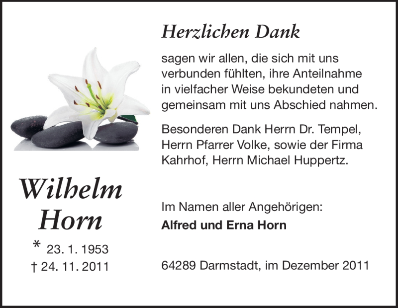  Traueranzeige für Wilhelm Horn vom 24.12.2011 aus Darmstädter Echo, Odenwälder Echo, Rüsselsheimer Echo, Groß-Gerauer-Echo, Ried Echo