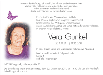 Traueranzeige von Vera Gunkel von Echo-Zeitungen (Gesamtausgabe)