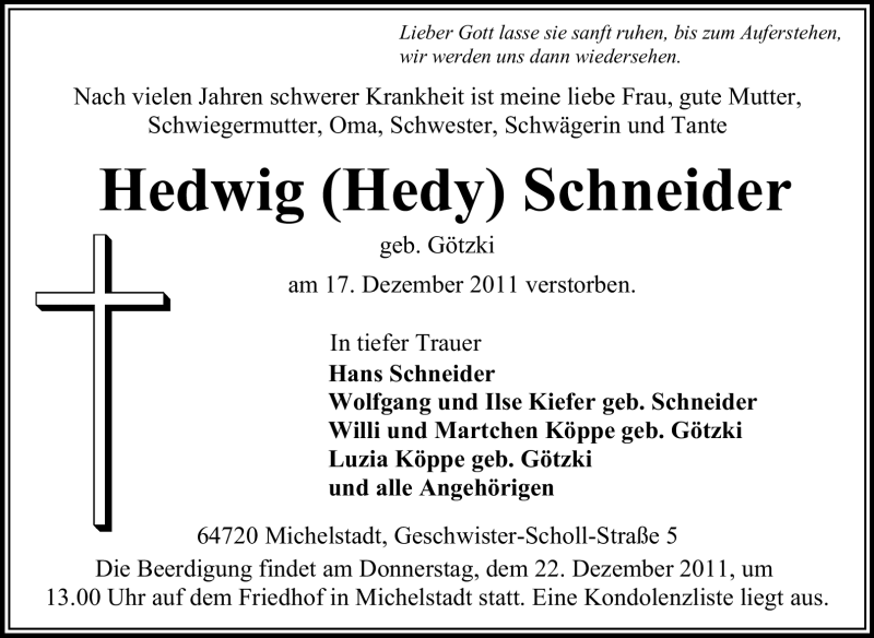 Traueranzeige für Hedwig Schneider vom 20.12.2011 aus Odenwälder Echo