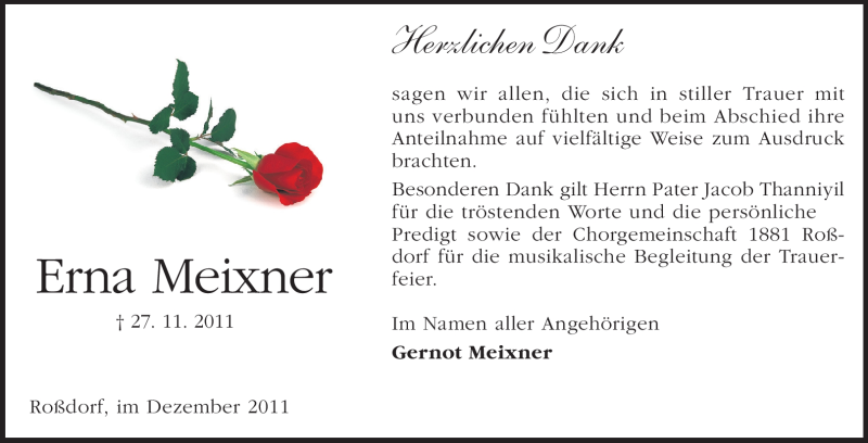  Traueranzeige für Erna Meixner vom 24.12.2011 aus Echo-Zeitungen (Gesamtausgabe)