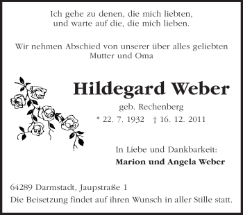 Traueranzeige von Hildegard Weber von Darmstädter Echo, Odenwälder Echo, Rüsselsheimer Echo, Groß-Gerauer-Echo, Ried Echo