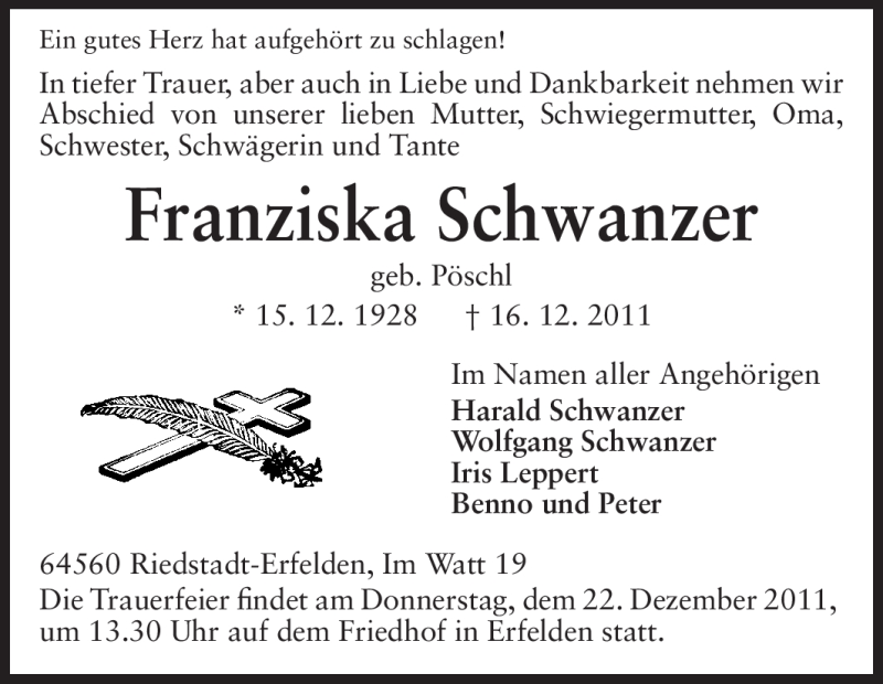  Traueranzeige für Franziska Schwanzer vom 20.12.2011 aus Rüsselsheimer Echo, Groß-Gerauer-Echo, Ried Echo