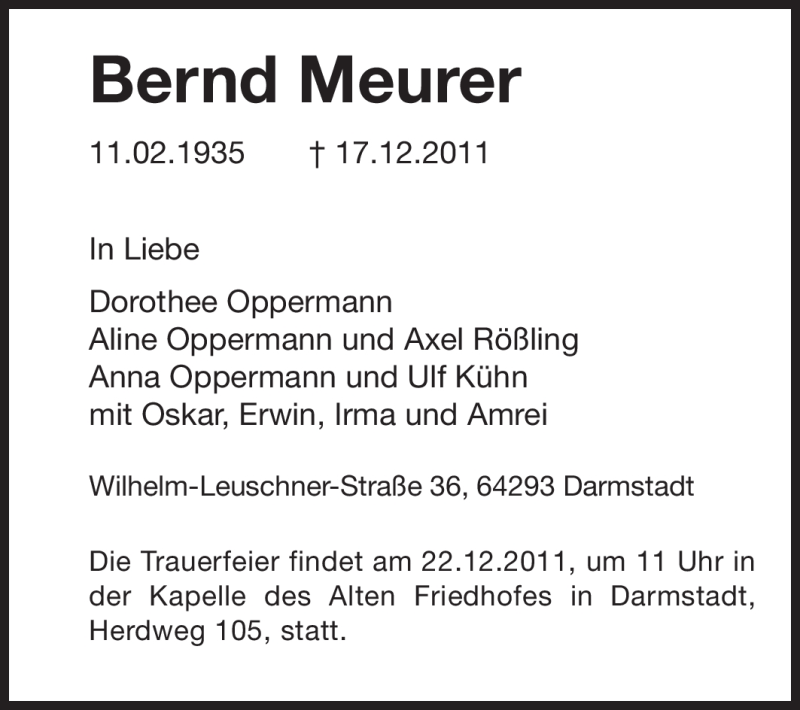  Traueranzeige für Bernd Meurer vom 20.12.2011 aus Darmstädter Echo, Odenwälder Echo, Rüsselsheimer Echo, Groß-Gerauer-Echo, Ried Echo
