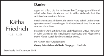 Traueranzeige von Kätha Friedrich von Echo-Zeitungen (Gesamtausgabe)