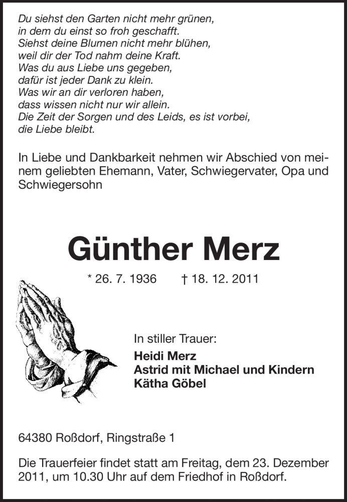  Traueranzeige für Günther Merz vom 20.12.2011 aus Darmstädter Echo, Odenwälder Echo, Rüsselsheimer Echo, Groß-Gerauer-Echo, Ried Echo