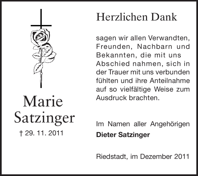  Traueranzeige für Marie Satzinger vom 21.12.2011 aus Rüsselsheimer Echo, Groß-Gerauer-Echo, Ried Echo