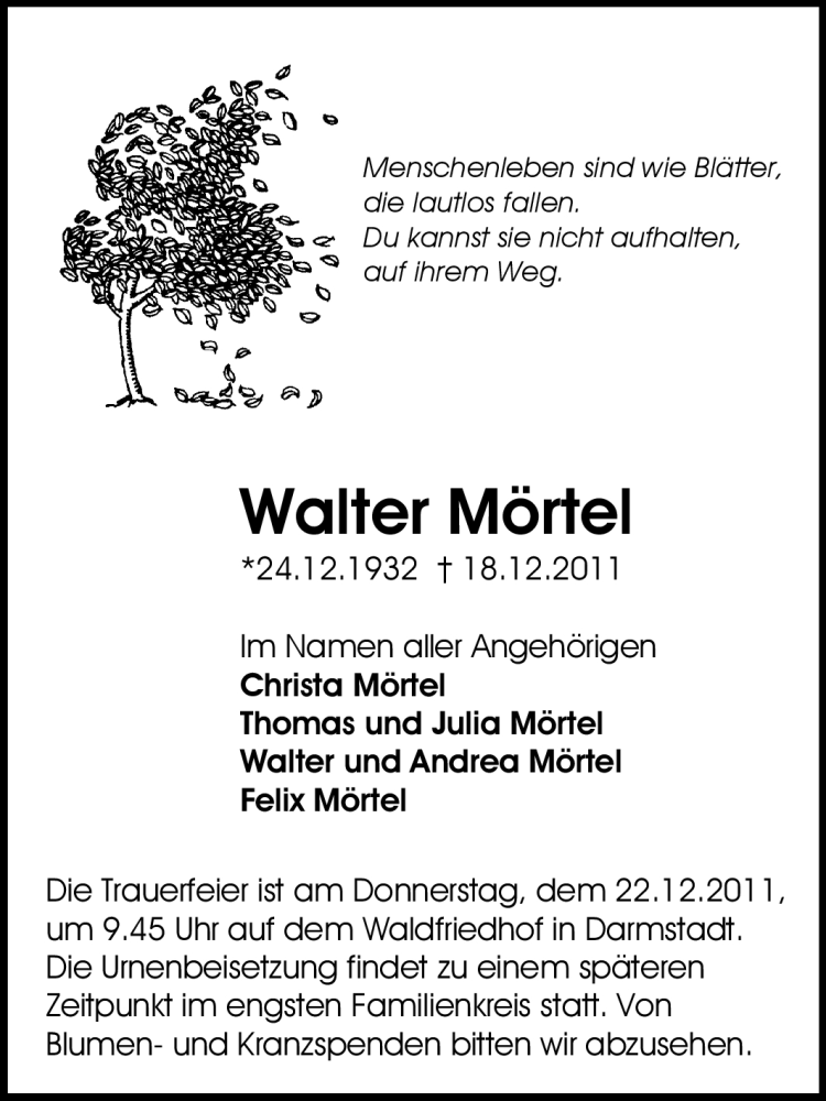  Traueranzeige für Walter Mörtel vom 21.12.2011 aus Rüsselsheimer Echo, Groß-Gerauer-Echo, Ried Echo