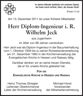 Traueranzeige von Wilhelm Jeck von Echo-Zeitungen (Gesamtausgabe)