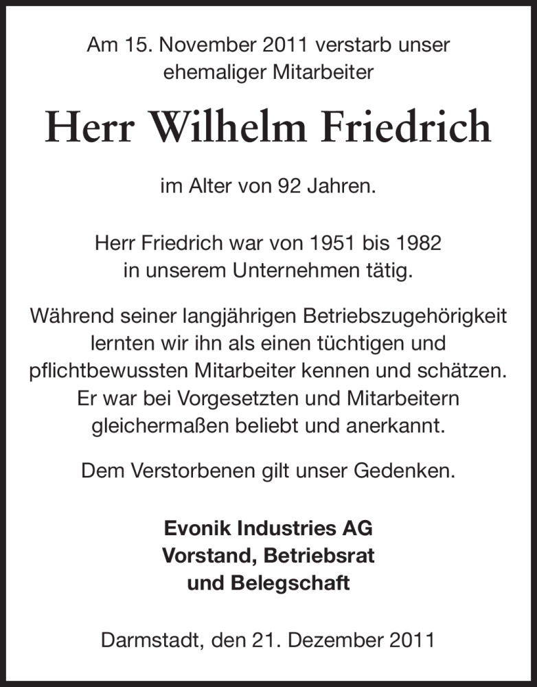  Traueranzeige für Wilhelm Friedrich vom 21.12.2011 aus Echo-Zeitungen (Gesamtausgabe)