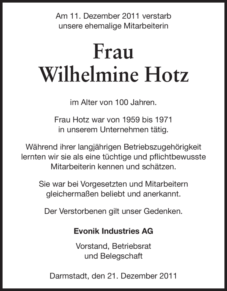  Traueranzeige für Wilhelmine Hotz vom 21.12.2011 aus Echo-Zeitungen (Gesamtausgabe)