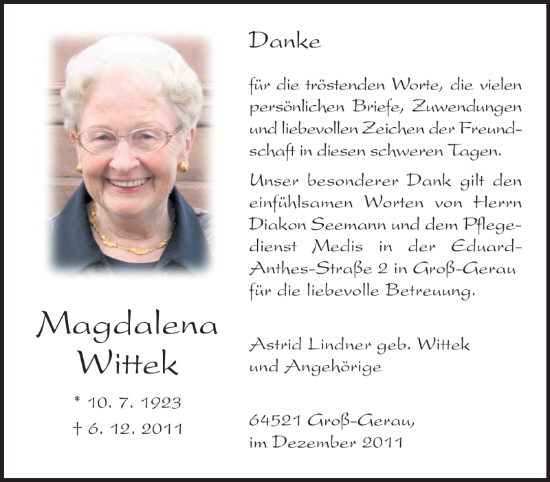  Traueranzeige für Magdalena Wittek vom 24.12.2011 aus Rüsselsheimer Echo, Groß-Gerauer-Echo, Ried Echo