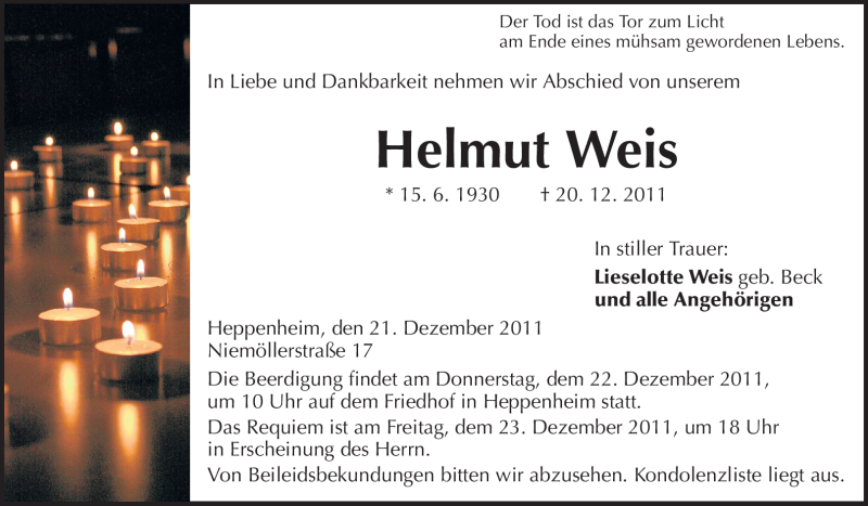  Traueranzeige für Helmut Weis vom 21.12.2011 aus Starkenburger Echo