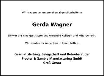 Traueranzeige von Gerda Wagner von Rüsselsheimer Echo, Groß-Gerauer-Echo, Ried Echo