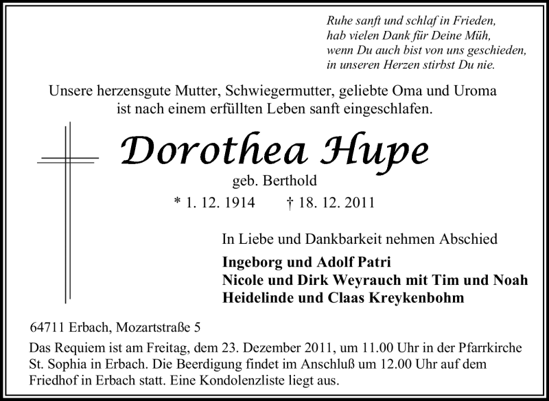  Traueranzeige für Dorothea Hupe vom 21.12.2011 aus Odenwälder Echo