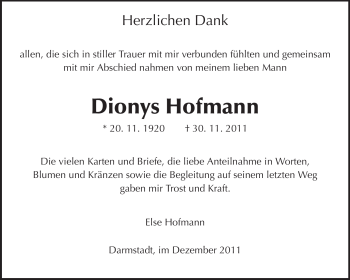 Traueranzeige von Dionys Hofmann von Darmstädter Echo, Odenwälder Echo, Rüsselsheimer Echo, Groß-Gerauer-Echo, Ried Echo