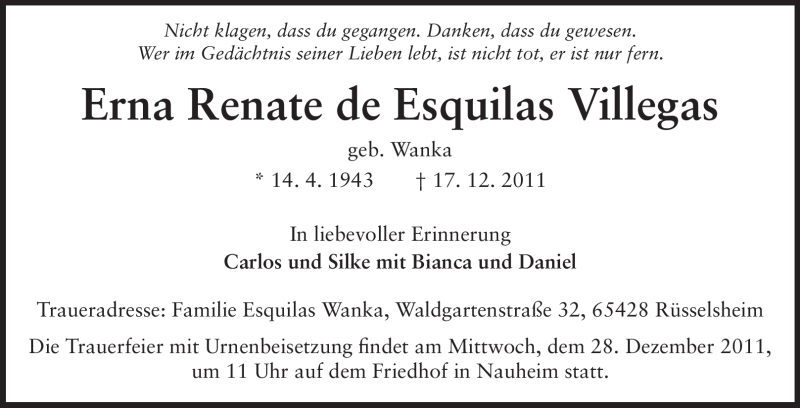  Traueranzeige für Erna Renate de Esquilas Villegas vom 23.12.2011 aus Rüsselsheimer Echo, Groß-Gerauer-Echo, Ried Echo
