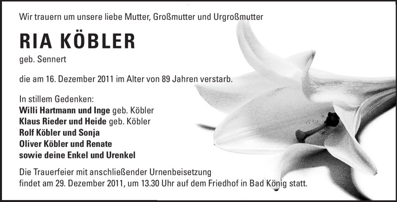  Traueranzeige für Ria Köbler vom 27.12.2011 aus Odenwälder Echo