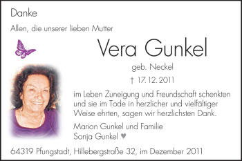 Traueranzeige von Vera Gunkel von Echo-Zeitungen (Gesamtausgabe)