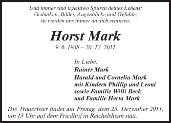 Traueranzeige von Horst Mark von Odenwälder Echo