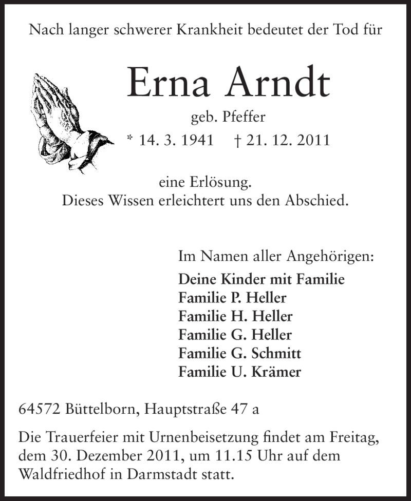  Traueranzeige für Erna Arndt vom 24.12.2011 aus Echo-Zeitungen (Gesamtausgabe)