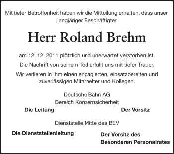 Traueranzeige von Roland Brehm von Rüsselsheimer Echo, Groß-Gerauer-Echo, Ried Echo