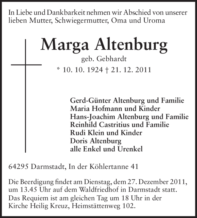  Traueranzeige für Marga Altenburg vom 24.12.2011 aus Echo-Zeitungen (Gesamtausgabe)