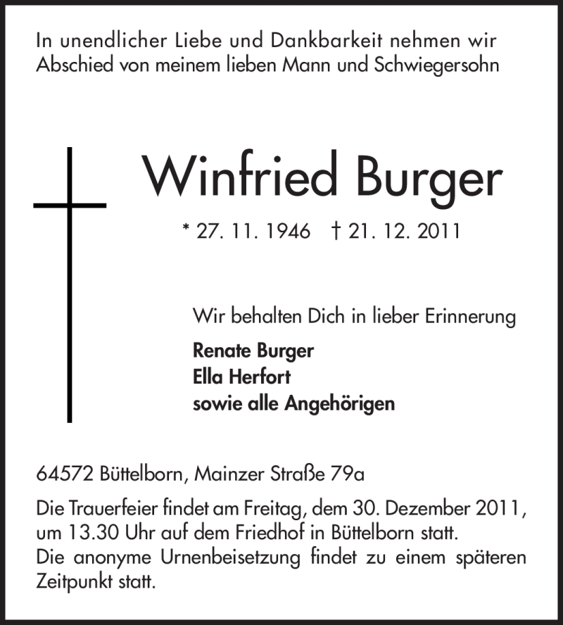  Traueranzeige für Winfried Burger vom 28.12.2011 aus Rüsselsheimer Echo, Groß-Gerauer-Echo, Ried Echo