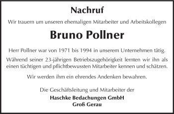 Traueranzeige von Bruno Pollner von Rüsselsheimer Echo, Groß-Gerauer-Echo, Ried Echo