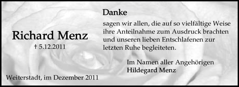  Traueranzeige für Richard Menz vom 24.12.2011 aus Echo-Zeitungen (Gesamtausgabe)