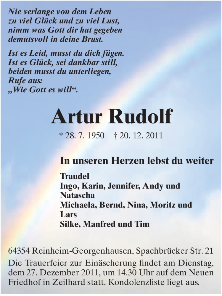  Traueranzeige für Artur Rudolf vom 23.12.2011 aus Echo-Zeitungen (Gesamtausgabe)