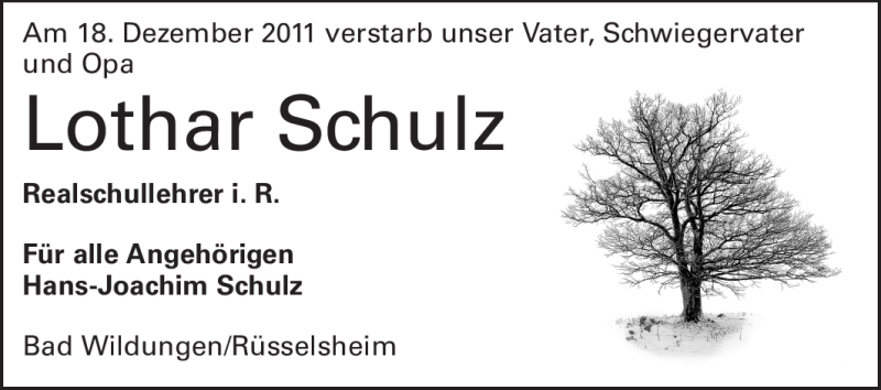  Traueranzeige für Lothar Schulz vom 24.12.2011 aus Rüsselsheimer Echo, Groß-Gerauer-Echo, Ried Echo