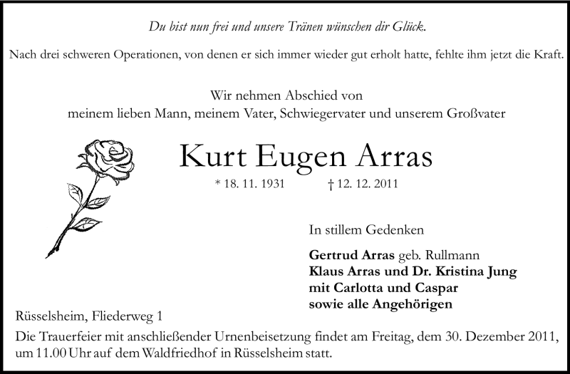  Traueranzeige für Kurt Eugen Arras vom 24.12.2011 aus Rüsselsheimer Echo, Groß-Gerauer-Echo, Ried Echo