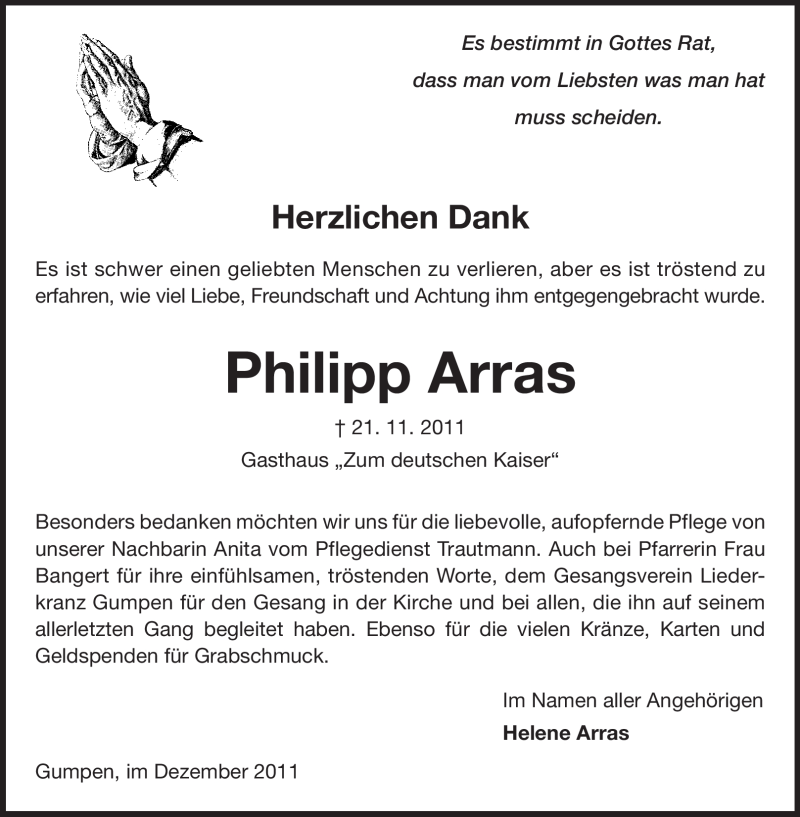  Traueranzeige für Philipp Arras vom 24.12.2011 aus Echo-Zeitungen (Gesamtausgabe)