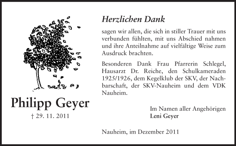  Traueranzeige für Philipp Geyer vom 23.12.2011 aus Rüsselsheimer Echo, Groß-Gerauer-Echo, Ried Echo