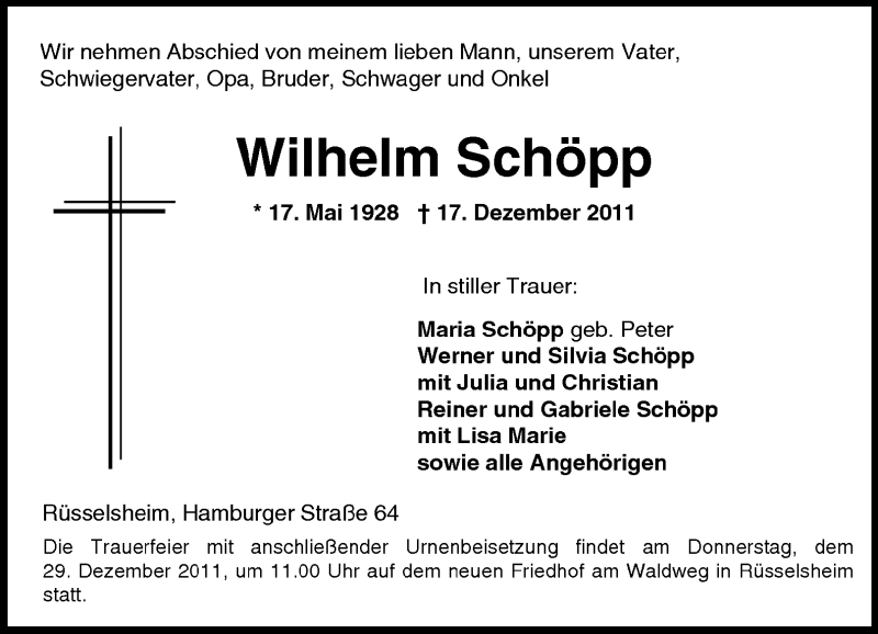  Traueranzeige für Wilhelm Schöpp vom 23.12.2011 aus Rüsselsheimer Echo, Groß-Gerauer-Echo, Ried Echo