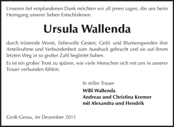 Traueranzeige von Ursula Wallenda von Rüsselsheimer Echo, Groß-Gerauer-Echo, Ried Echo