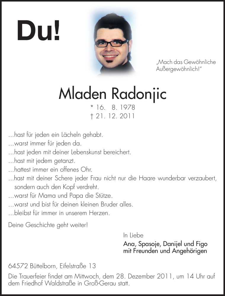  Traueranzeige für Mladen Radonjic vom 24.12.2011 aus Rüsselsheimer Echo, Groß-Gerauer-Echo, Ried Echo